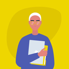 Young male character holding a laptop and a folder with documents. Student. Project manager. Young adult. Millennial lifestyle. Flat editable vector illustration, clip art