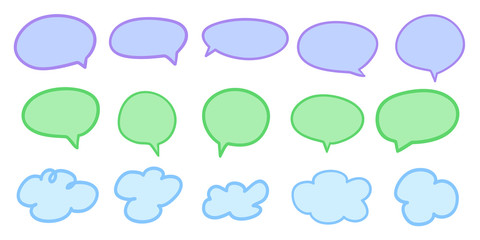 Set of hand drawn colored think and talk speech bubbles on white. Abstract clouds on isolation background. Sketchy doodles