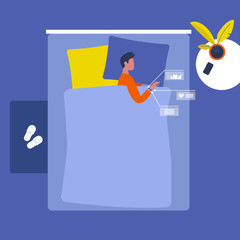 Young male character sleeping in a gueen bed. Smart watch sleep control. Gadgets. Top view. Interior design. Flat editable vector illustration, clip art