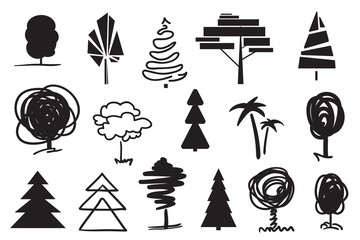 Trees and christmas trees on white. Set for design on isolated background. Geometric art. Objects for design. Black and white illustration