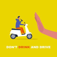 Young male character driving a motor scooter and holding a bottle of beer. Law violation. Stop hand gesture. Flat editable vector illustration, clip art