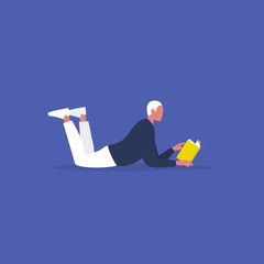 Fototapeta premium Reading a book. Character lying on a floor. Literature. Modern lifestyle. Flat editable vector illustration, clip art