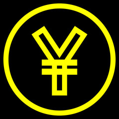 Yuan and Yen currency sign symbol - yellow simple outline inside of circle, isolated - vector