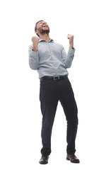 in full growth. portrait of a happy businessman.isolated on white