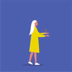 Young female character wearing smart watch