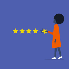 Five star rating. Young black female character rates a service. Ranking. Marketing. Customer feedback. Flat editable vector illustration, clip art
