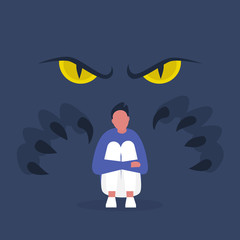 Fear, conceptual illustration. Big yellow eyes and huge claws behind the character's back. Panic attack. Mental health. Modern lifestyle. Flat editable vector.