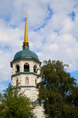   The top of the Church with a green dome view through the trees.Bottom view.Vertically.