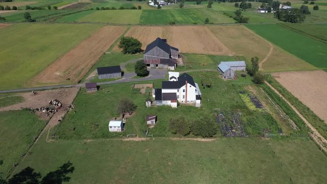 Aerial Kishacoquillas Pennsylvania Big Valley Amish farm house circle. Settled late 1700's as pioneer religious settlement. Old Mennonite town. Rural old order. Farming horse driven equipment.