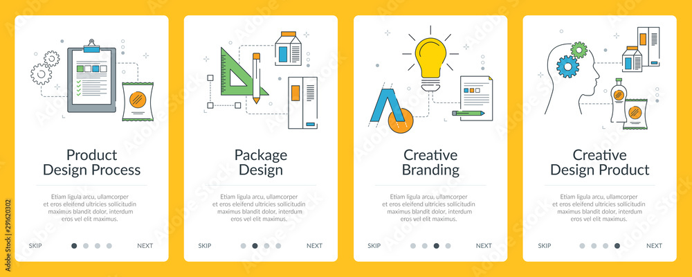 Wall mural design process, package design and creative branding icons for internet banner.