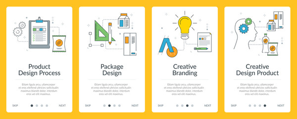 Design process, package design and creative branding icons for internet banner.