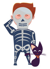 man with halloween skull costume and cat