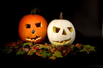 orange and white halloween pumpkins without illumination on a black background