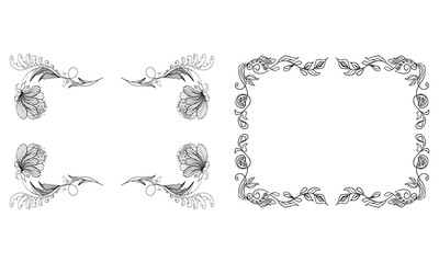 Tropical hand drawn floral frames. Outline set. Jungle foliage illustration. Floral set. Hand drawing. Vector isolated collection. Natural spring wedding card. Summer tropical leaf. Botanical frames