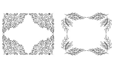 Tropical hand drawn floral frames. Outline set. Jungle foliage illustration. Floral set. Hand drawing. Vector isolated collection. Natural spring wedding card. Summer tropical leaf. Botanical frames