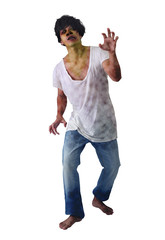 Zombie man white dirty shirt and blue jeans walking isolate.