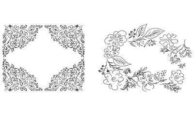 Tropical hand drawn floral frames. Outline set. Jungle foliage illustration. Floral set. Hand drawing. Vector isolated collection. Natural spring wedding card. Summer tropical leaf. Botanical frames