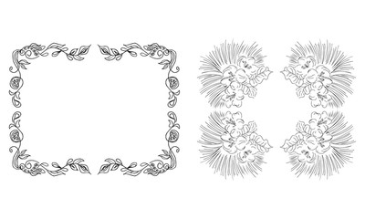 Tropical hand drawn floral frames. Outline set. Jungle foliage illustration. Floral set. Hand drawing. Vector isolated collection. Natural spring wedding card. Summer tropical leaf. Botanical frames