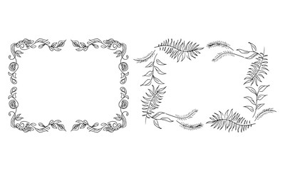 Tropical hand drawn floral frames. Outline set. Jungle foliage illustration. Floral set. Hand drawing. Vector isolated collection. Natural spring wedding card. Summer tropical leaf. Botanical frames