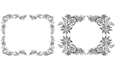Tropical hand drawn floral frames. Outline set. Jungle foliage illustration. Floral set. Hand drawing. Vector isolated collection. Natural spring wedding card. Summer tropical leaf. Botanical frames