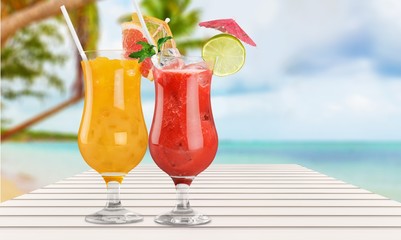 set of cocktails soft and long-drinks ind front of white background