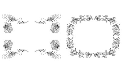 Tropical hand drawn floral frames. Outline set. Jungle foliage illustration. Floral set. Hand drawing. Vector isolated collection. Natural spring wedding card. Summer tropical leaf. Botanical frames