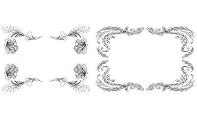 Tropical hand drawn floral frames. Outline set. Jungle foliage illustration. Floral set. Hand drawing. Vector isolated collection. Natural spring wedding card. Summer tropical leaf. Botanical frames