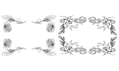 Tropical hand drawn floral frames. Outline set. Jungle foliage illustration. Floral set. Hand drawing. Vector isolated collection. Natural spring wedding card. Summer tropical leaf. Botanical frames