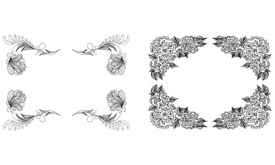 Tropical hand drawn floral frames. Outline set. Jungle foliage illustration. Floral set. Hand drawing. Vector isolated collection. Natural spring wedding card. Summer tropical leaf. Botanical frames