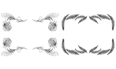 Tropical hand drawn floral frames. Outline set. Jungle foliage illustration. Floral set. Hand drawing. Vector isolated collection. Natural spring wedding card. Summer tropical leaf. Botanical frames