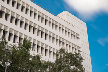 Fototapeta premium Generic office building structure on a blue sky with trees in foreground
