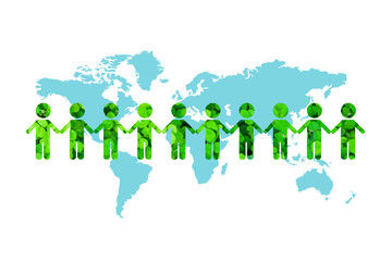 Ecology Concept : Group of Green children figure icon standing on world map. They holding hands together.