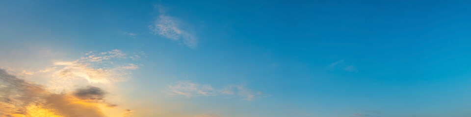Panorama of Dramatic vibrant color with beautiful cloud of sunrise and sunset. Panoramic image.