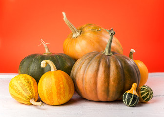 Autumn pumpkins on wooden board