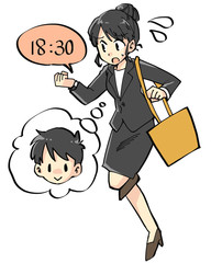 子どもを迎えに行くワーママのイラスト