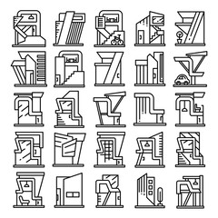 modern building and house, modern architecture design line icons