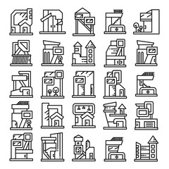 modern building and house, modern architecture design line icons