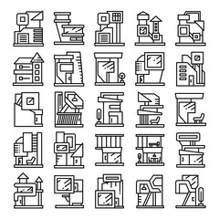 modern building and house, modern architecture design line icons