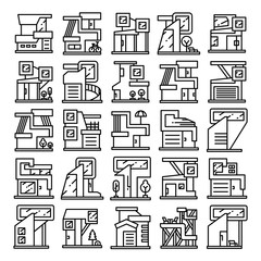modern building and house, modern architecture design line icons