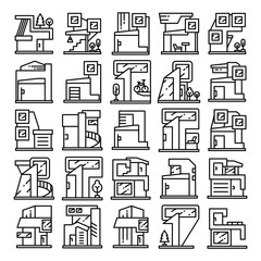 modern building and house, modern architecture design line icons