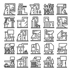 modern building and house, modern architecture design line icons