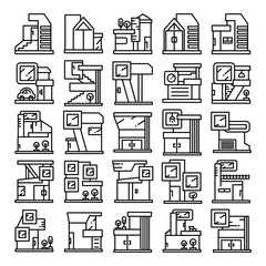 modern building and houses, modern architecture design line icons