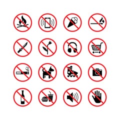 High quality prohibition signs collection isolated on white. Urban rules.