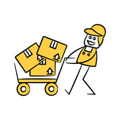service man, delivery man carry boxes with trolley stick figure theme