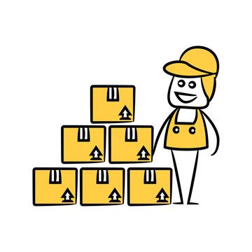 service man, delivery man standing next to boxes stick figure theme