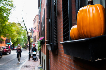 orange pumpkin on the street. city and  autumn and Halloween background
