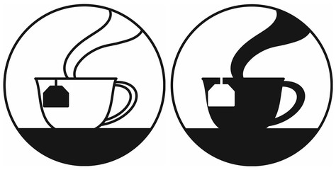 A set of hot tea cup icon, one is outline drawing and one is black and white. Simply flat design isolated on white background. A symbolic icon graphic for web, logo, app, banner and etc.