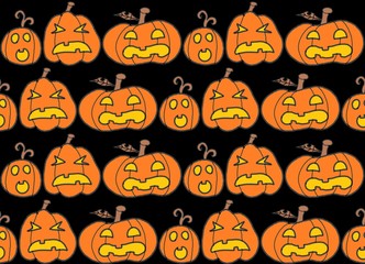 Seamless pattern for girls,boys, kids, halloween, clothes. Jack-o'-lantern on black background, scary face pumpkins. Funny wallpaper for textile and fabric. Fashion style. Colorful bright design.