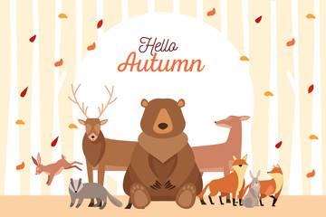 hello autumn season scene with group animals