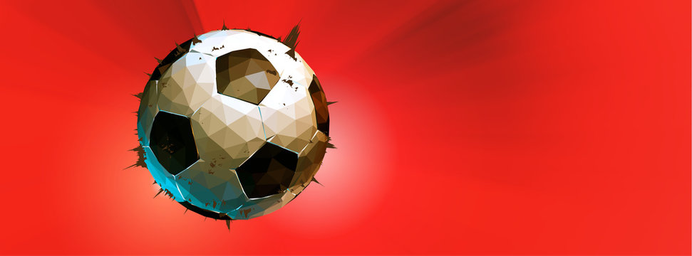 Low poly football illustration on shining red banner BG